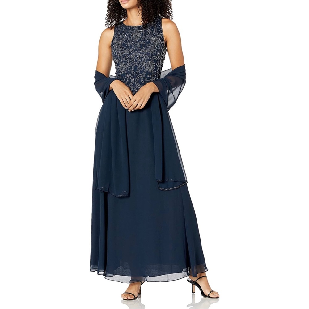 J Kara Women’s Sleeveless Scallop Long Beaded Dress w/ Scarf